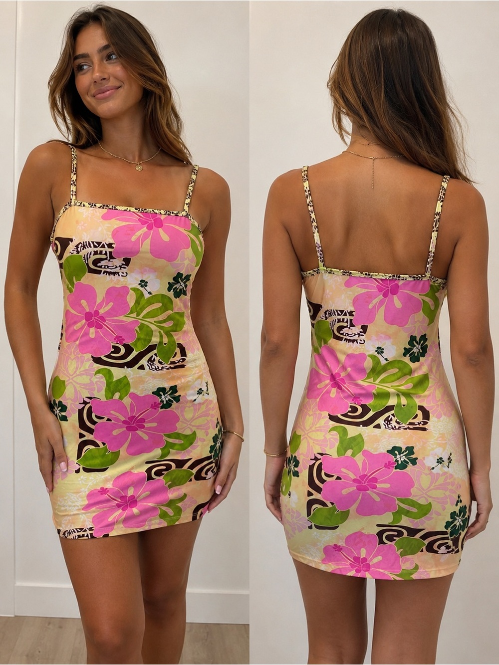 OP Y2K Tropical Floral Swim Fabric Mini Dress | Pink Hawaiian Print | Size Small